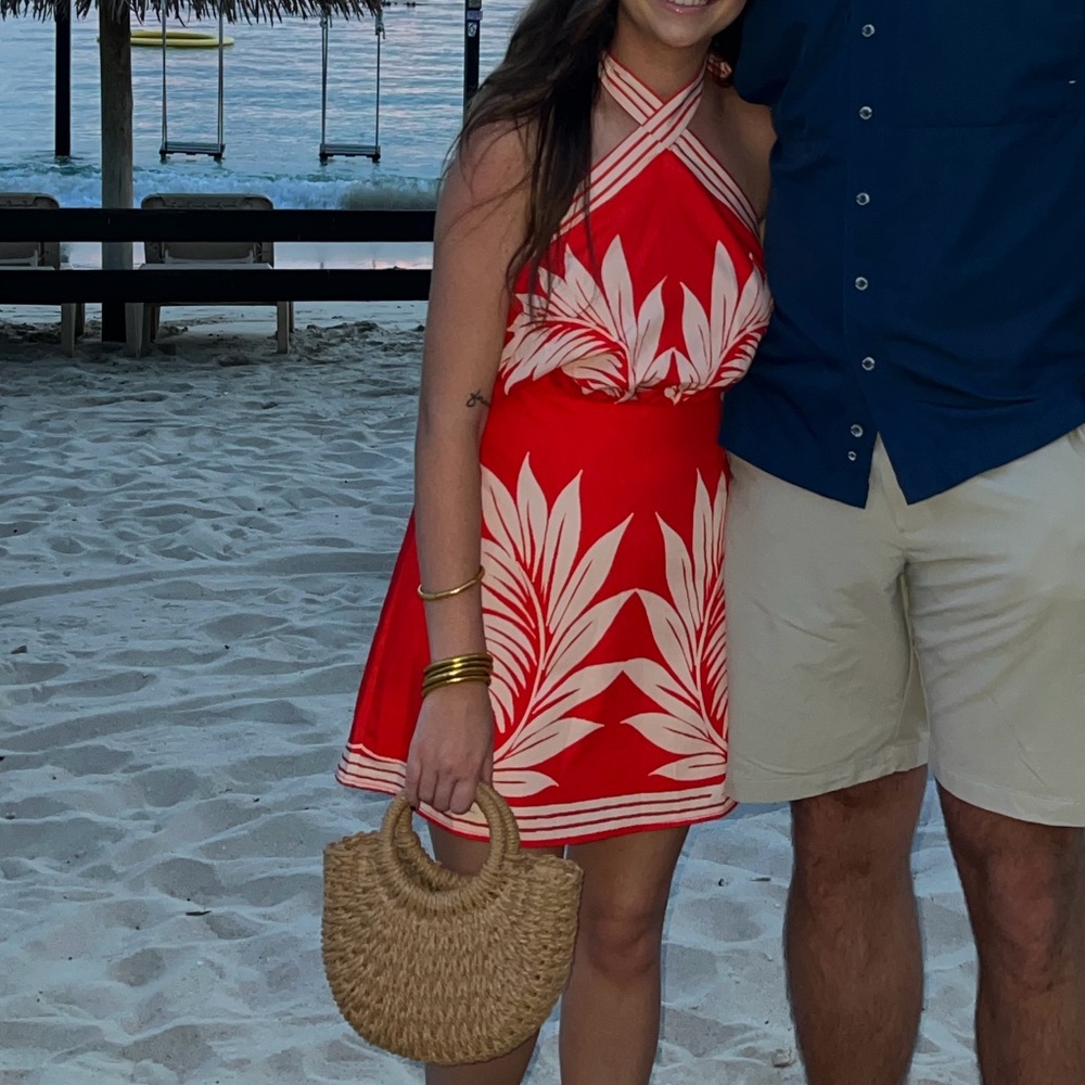 Tropical Palm Print Halter Summer Dress in Red and White